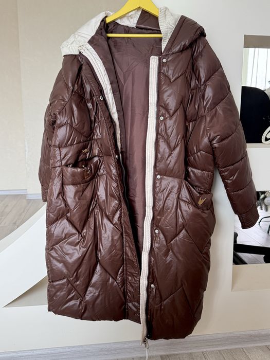 Плащ коричневий зимовий пуховик плащівка жіночий ХЛ розмір