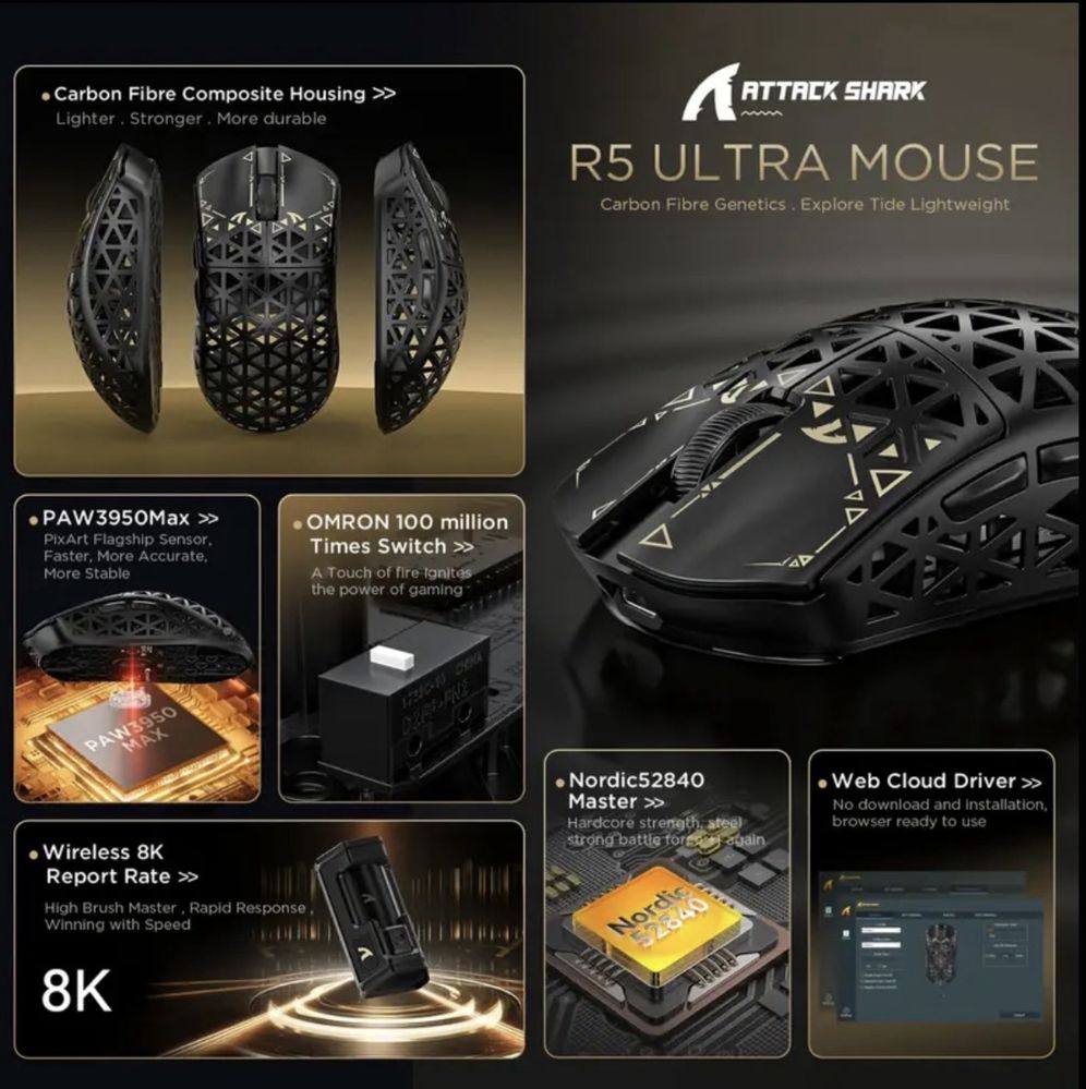 Нова карбонова мишка Attack Shark R5 Ultra PAW 3950MAX