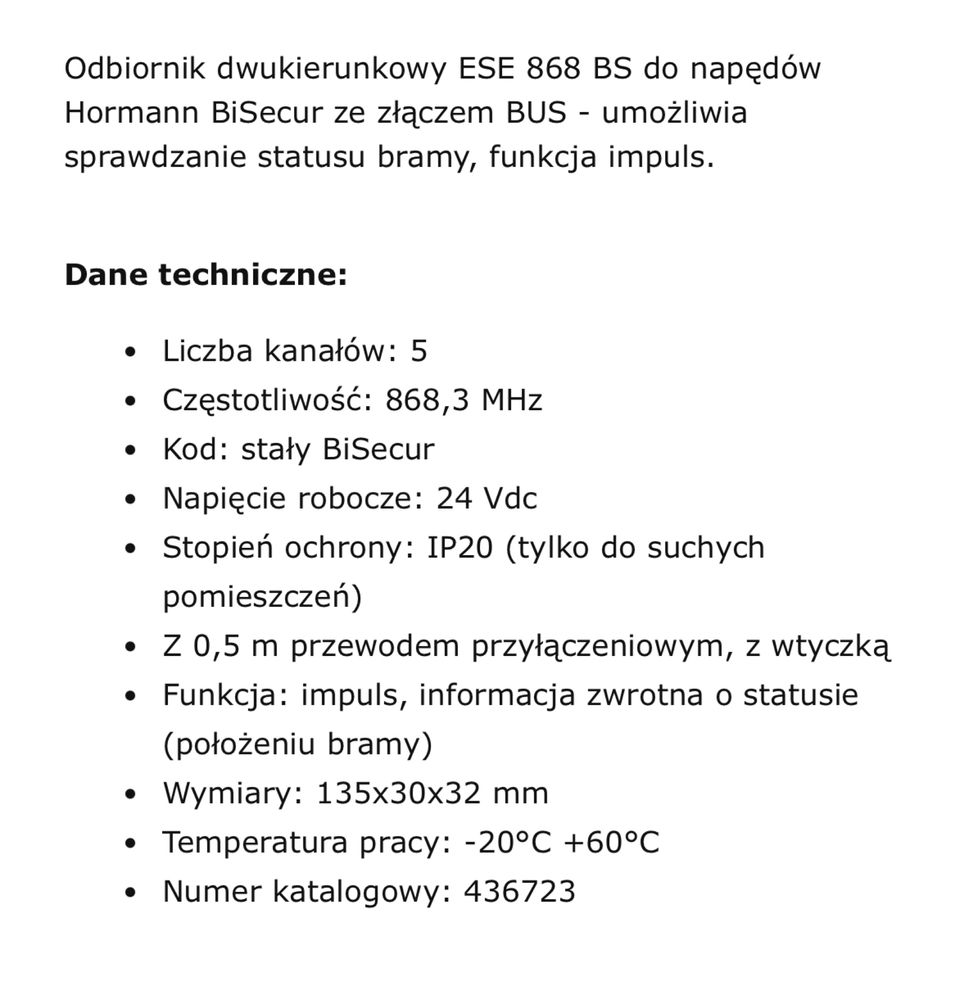 Radio odbiornik ESE-868-BS Hormann