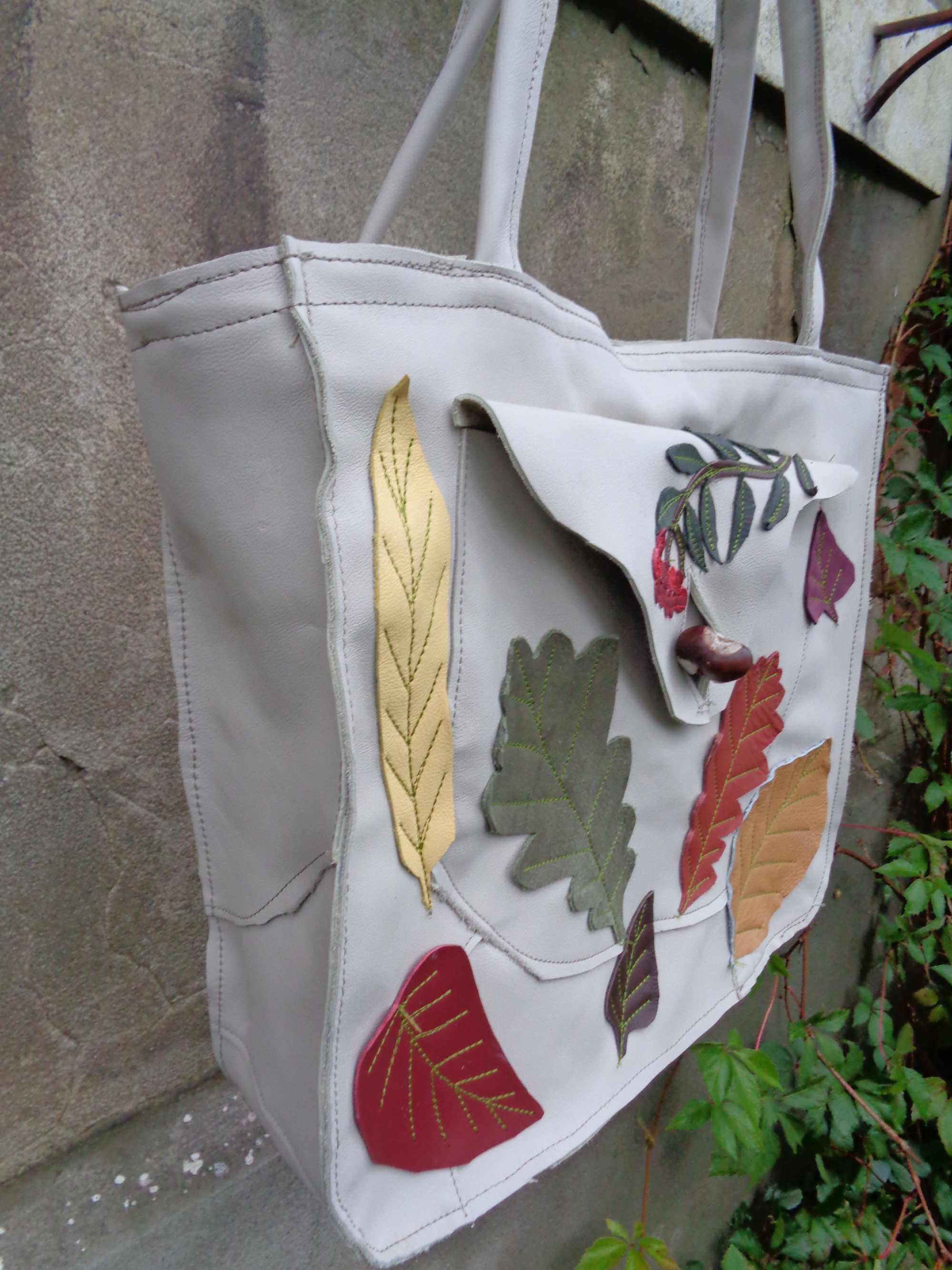 Artystyczna duża jesienna torebka skórzana. Handmade