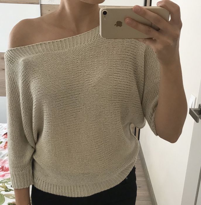 Ażurkowy, piaskowy sweterek, roz. Uniwersalnu