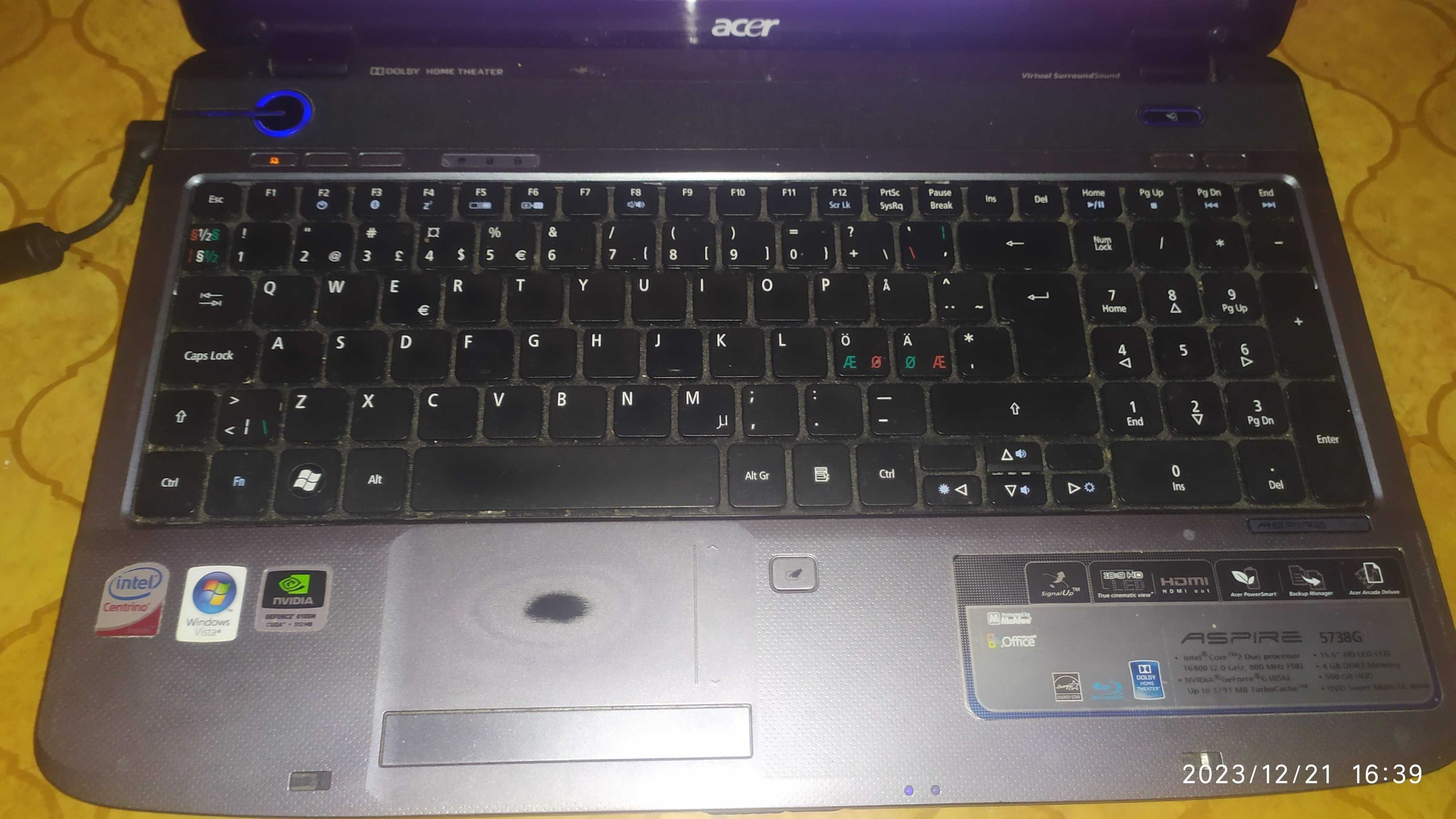 Laptop 15,6 Acer ASPIRE 5738G Intel Core 2x NVidia GeForce Win7 10 SSD