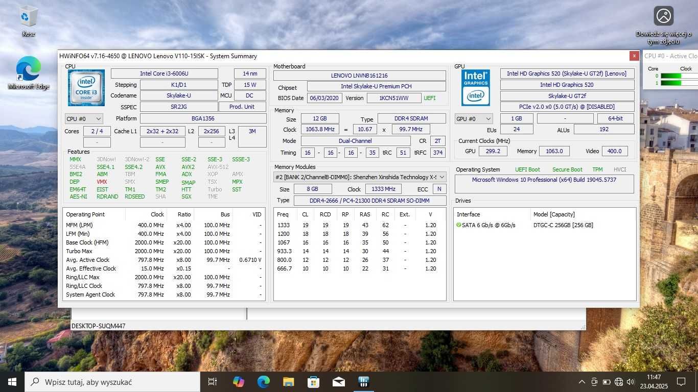 Zadbane Lenovo V110-15ISK Intel i3/12GbDDR/SSD256/IntelHD/BateriaNOWA