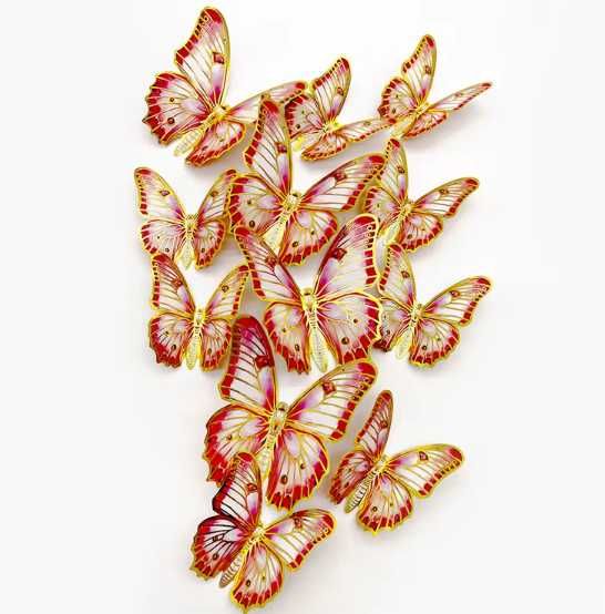 Naklejki Motyle 3D Mieniące Kolorowe 12 szt Złote Różowe Białe Ozdoba
