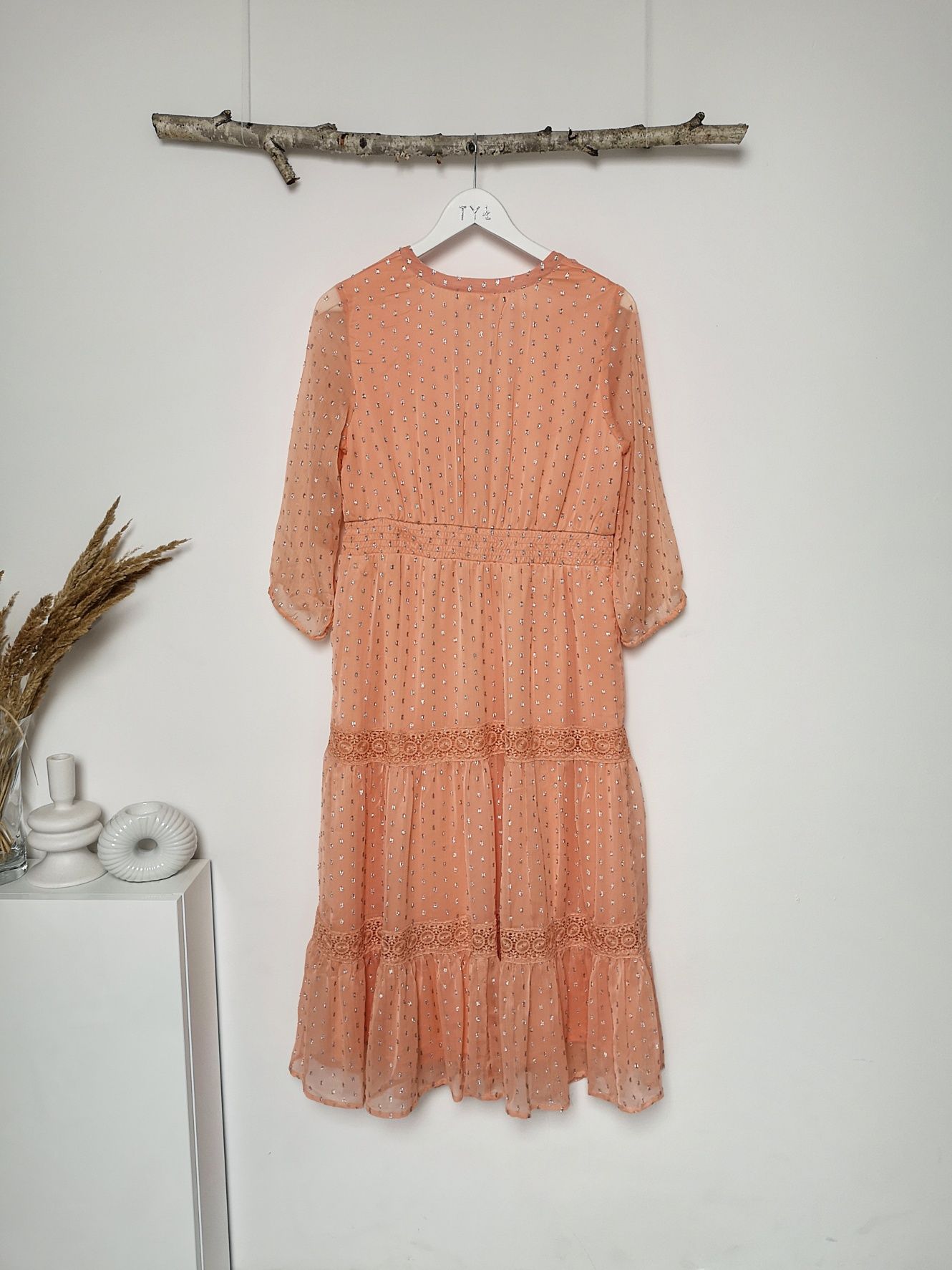 Bonprix - Sukienka - Rozmiar 38/M - Midi - Pomarańczowa - Falbana