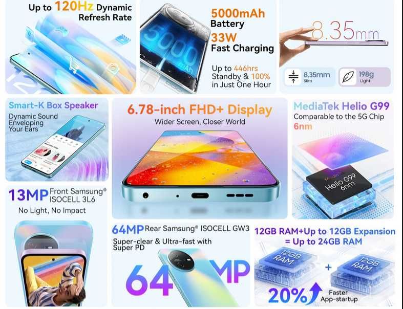 Oscal Tiger 12. 16Gb(8+8)/128Gb, 120Hz, G99, 64Mp, 5000ma, NFC, 33W