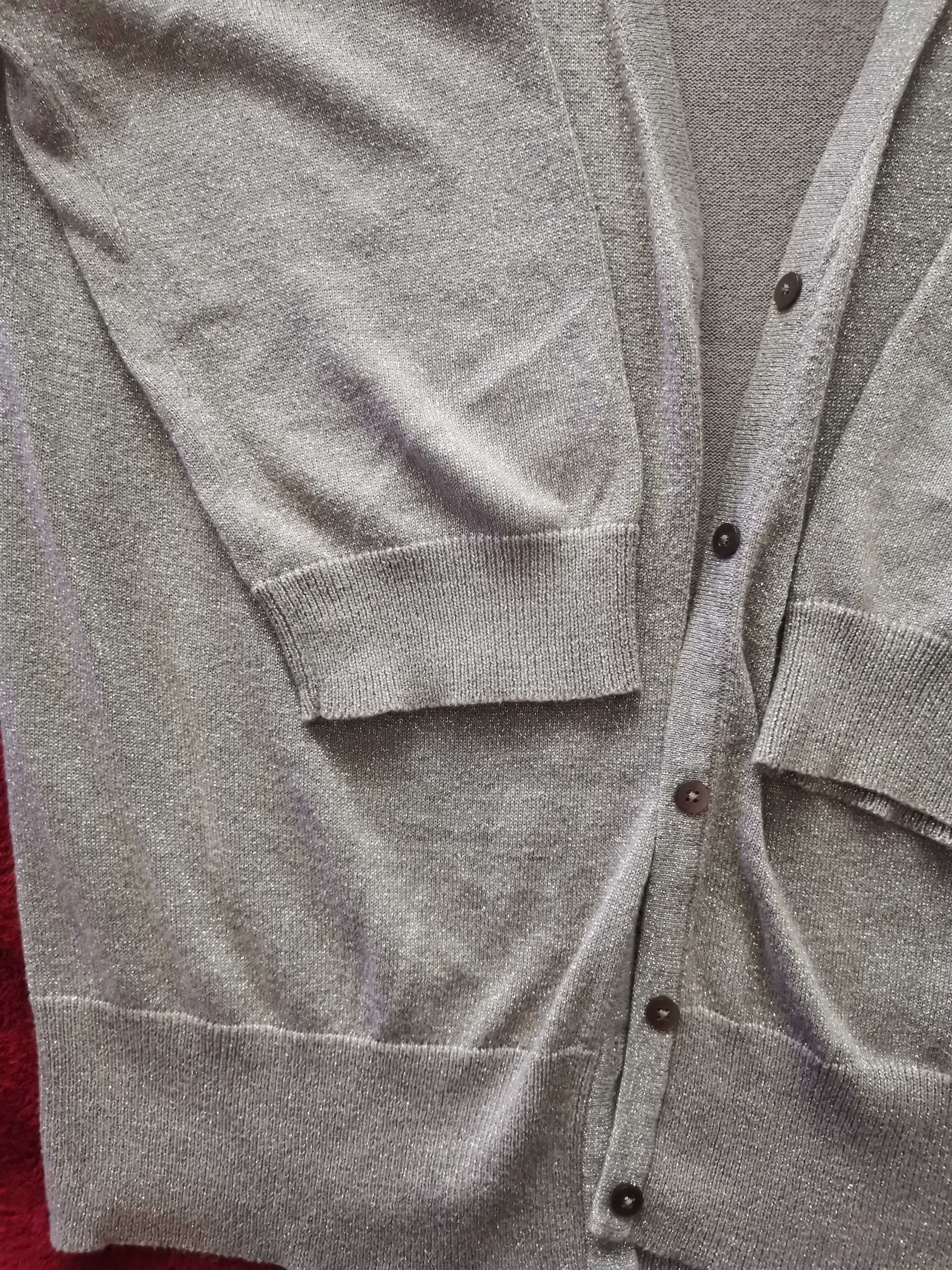 Beżowy, kawa z mlekiem elegancki błyszczący sweterek narzutka L/XL