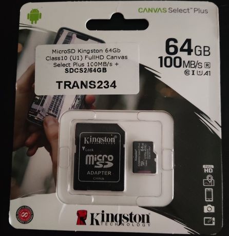 Micro SD Kingston 64GB Canvas Select Plus + adaptador SD (NOVO)