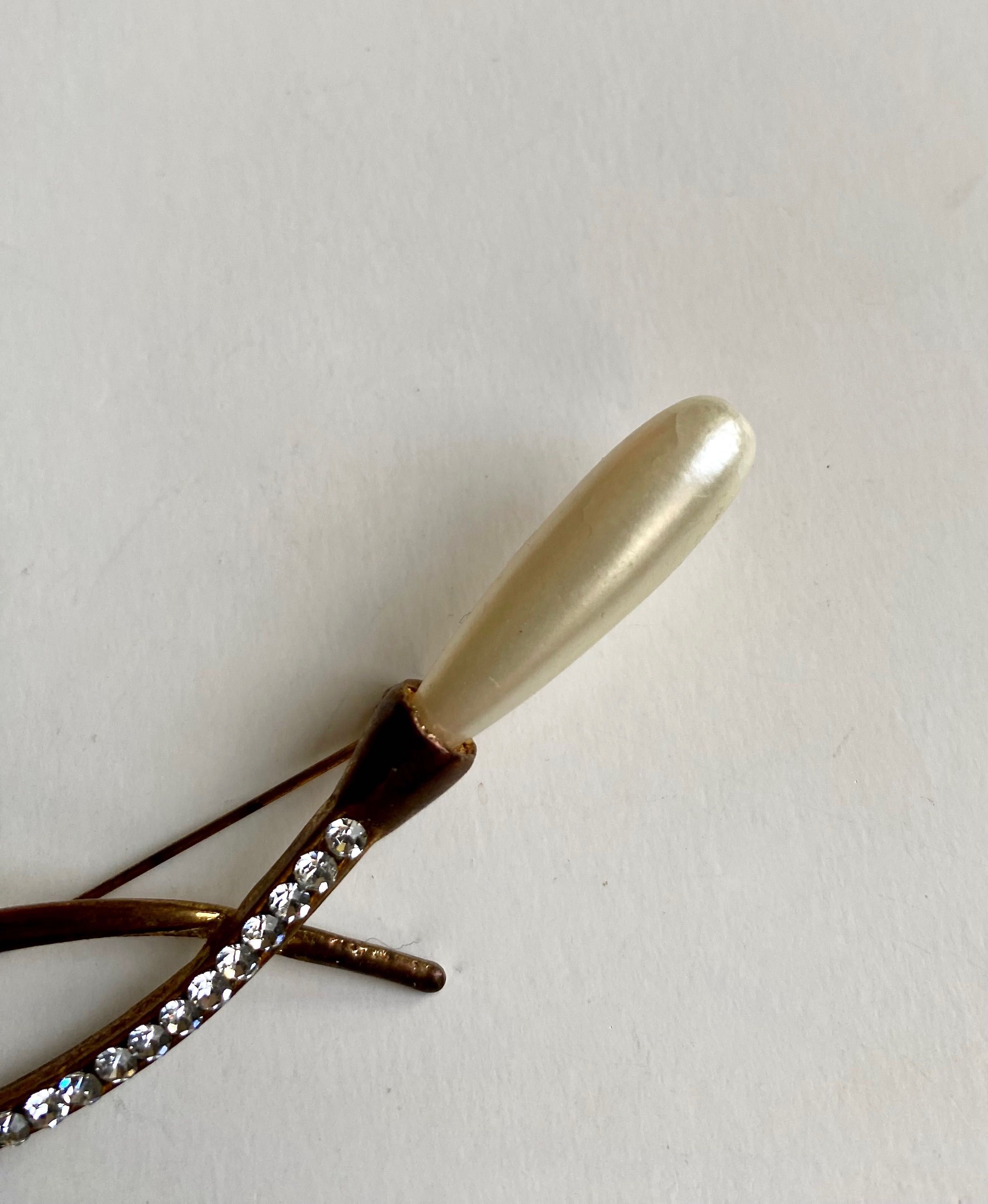 Duża stara broszka vintage sztuczna perła kryształy 80s
