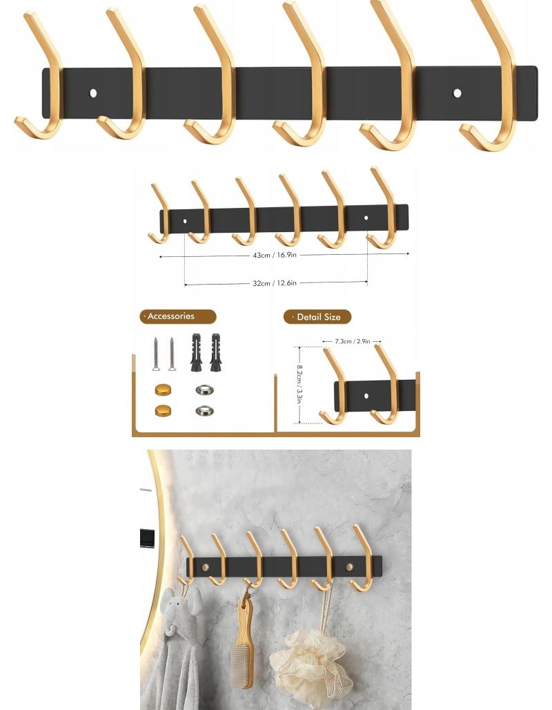 Zestaw wieszaków czarno-złotych, ze stali nierdzewnej