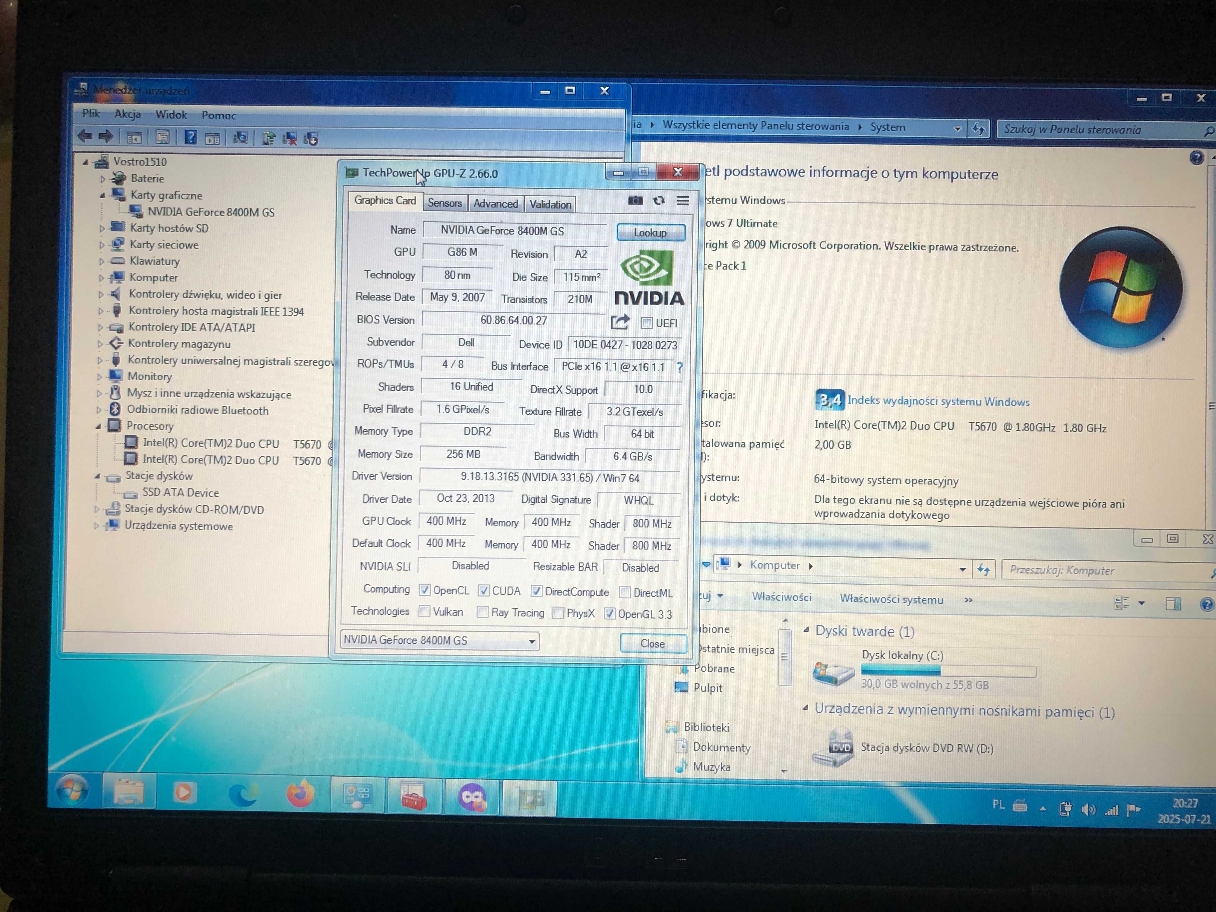 Dell Vostro 1510/C2D 1.8 GHz/2GB DDR2/64GB SSD/Win 7x64