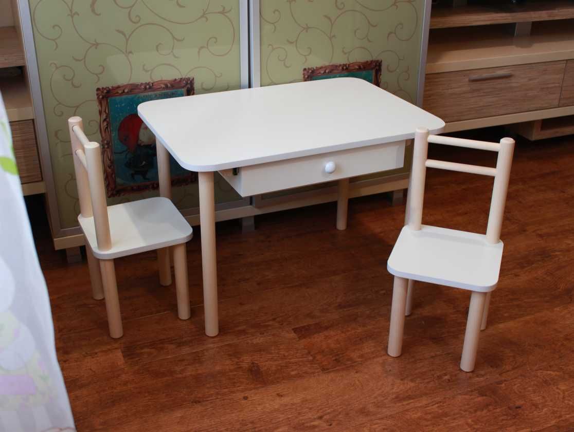Столик деревянный стульчики детский стол с шухлядой белый
