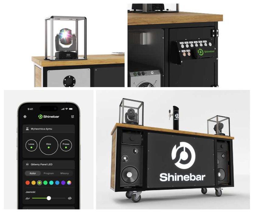Mobilny bar imprezowy – Shinebar, nagłośnienie, światła, nalewak, dym