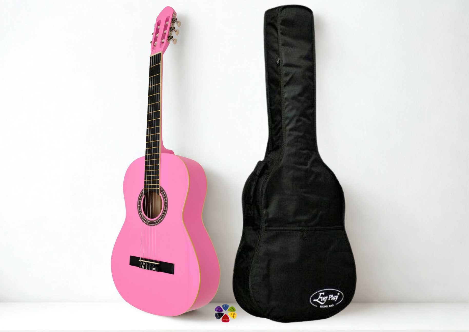 Gitara klasyczna różowa 4/4 + ocieplany pokrowiec + zestaw kostek