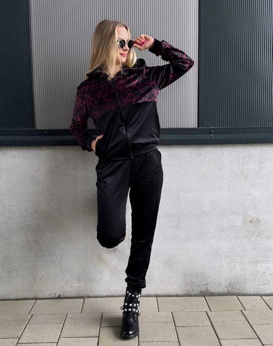 Dresy damskie welurowe w panterkę spodnie + bluza bordowe r.S wys.24h