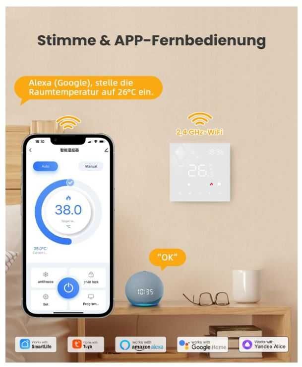 Inteligentny termostat Wifi MIUCDA WT400-3A-W sterowanie kotłem/wodne