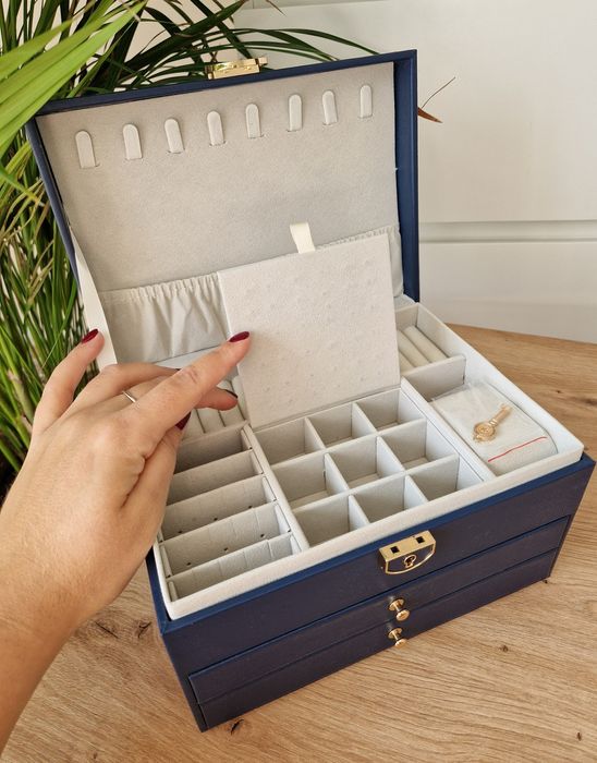 Granatowy luksusowy elegancki kuferek na biżuterię duży