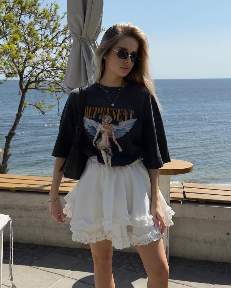 Шовкова біла молочна бавовняна спідниця бежева ажурна з рюшами lovi