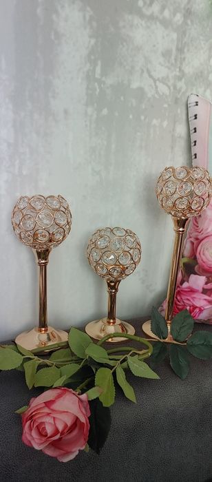 Świecznik zestaw komplet złote kryształki 3 sztuki glamour vintage