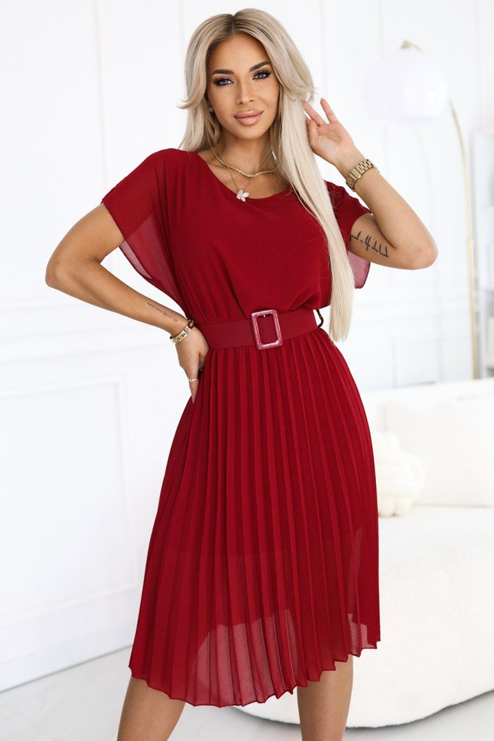 Sukienka MIA Bordowa Plisowana Midi z Paskiem Elegancka Wizytowa