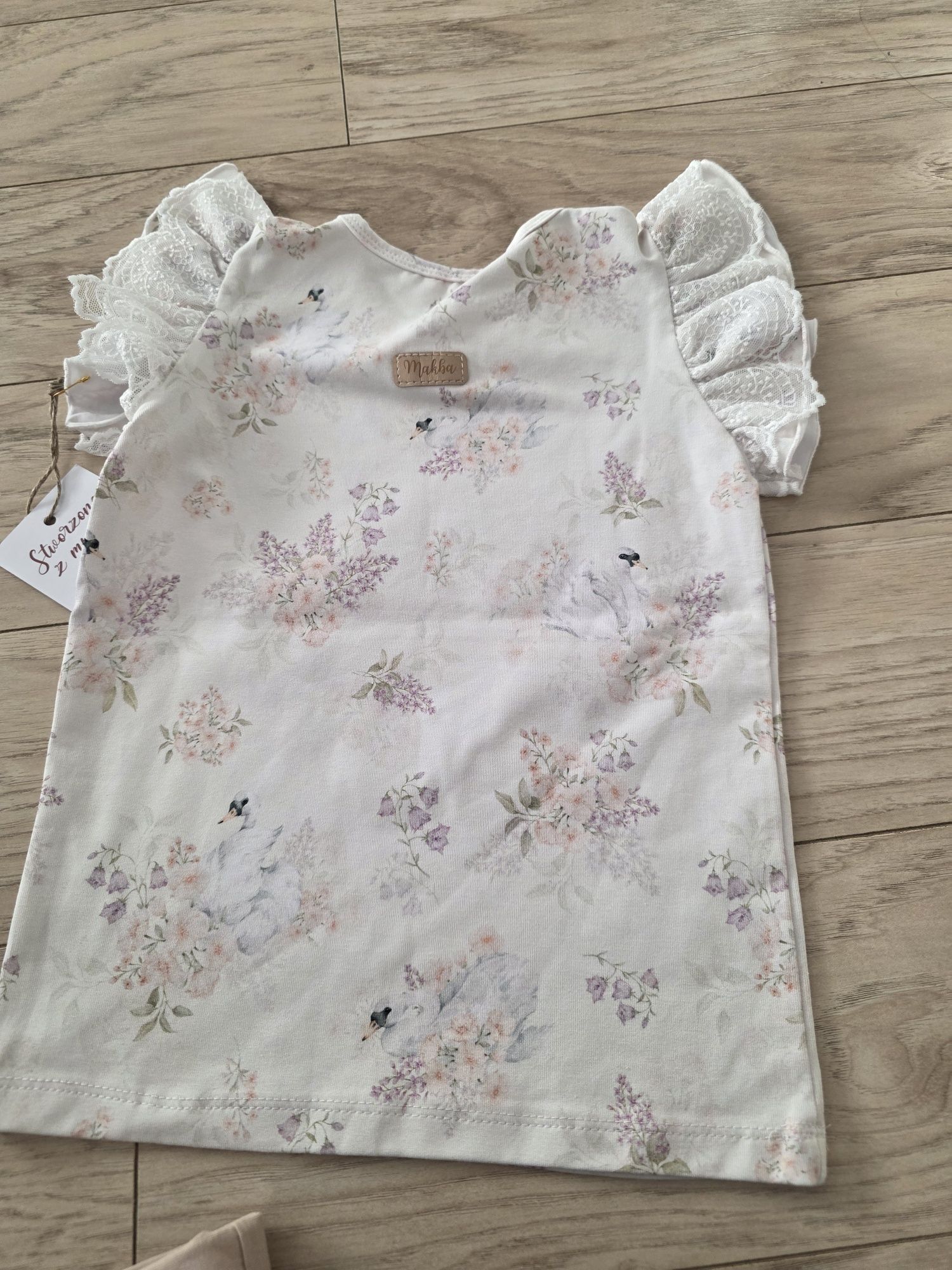 Nowa bluzka makba łabędzie 116 Plus bezowe legginsy venley kids