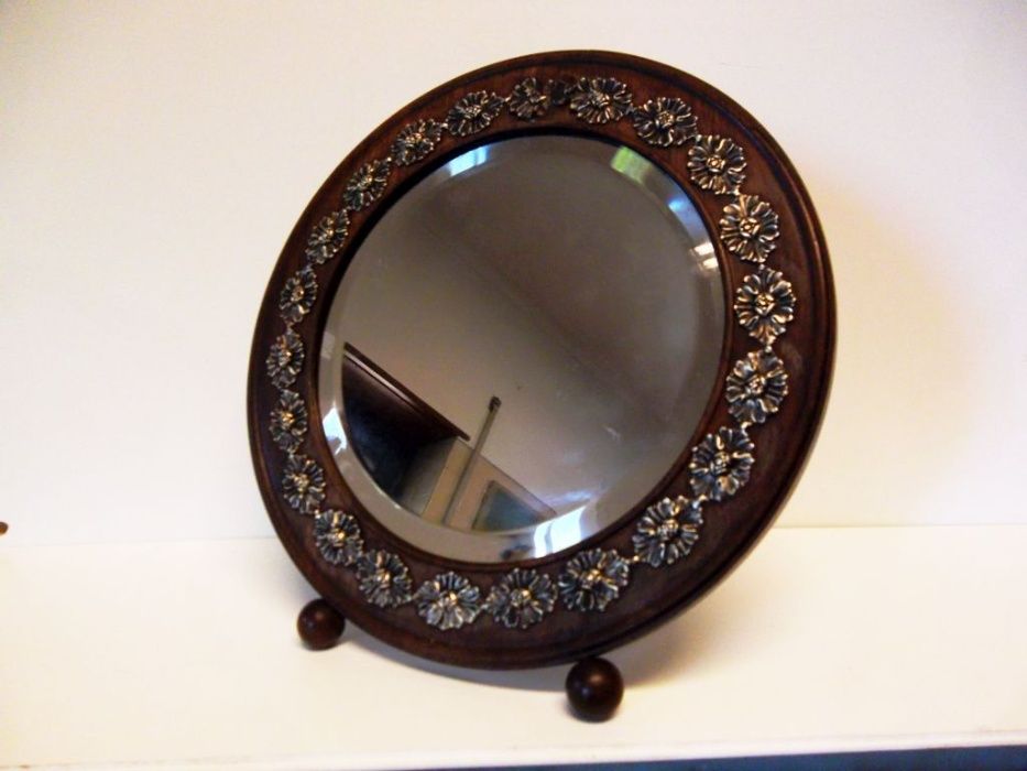 antigo espelho de mesa em pau santo com prata - restaurado