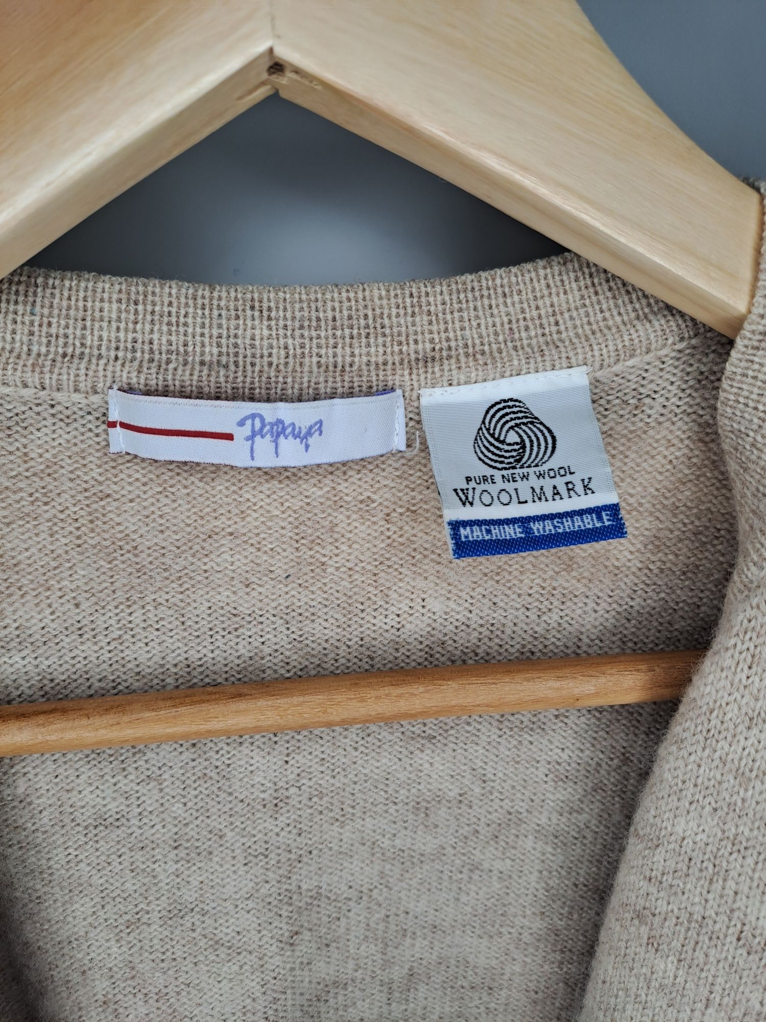 Beżowy sweter kardigan 100% wełny jagnięcej Papaya oversize XS, S, M