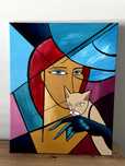Obraz "Dziewczyna z kotem — styl geometrycznej abstrakcji" 40×50 cm