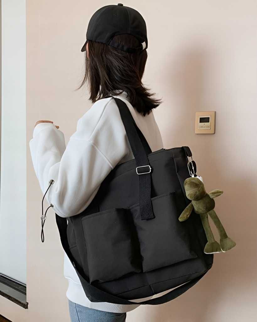 Duża czarna pojema torebka na ramię damska Shopperka