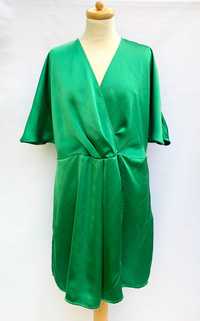 Sukienka H&M XL 42 Zielona Satynowa Elegancka Kopertowa