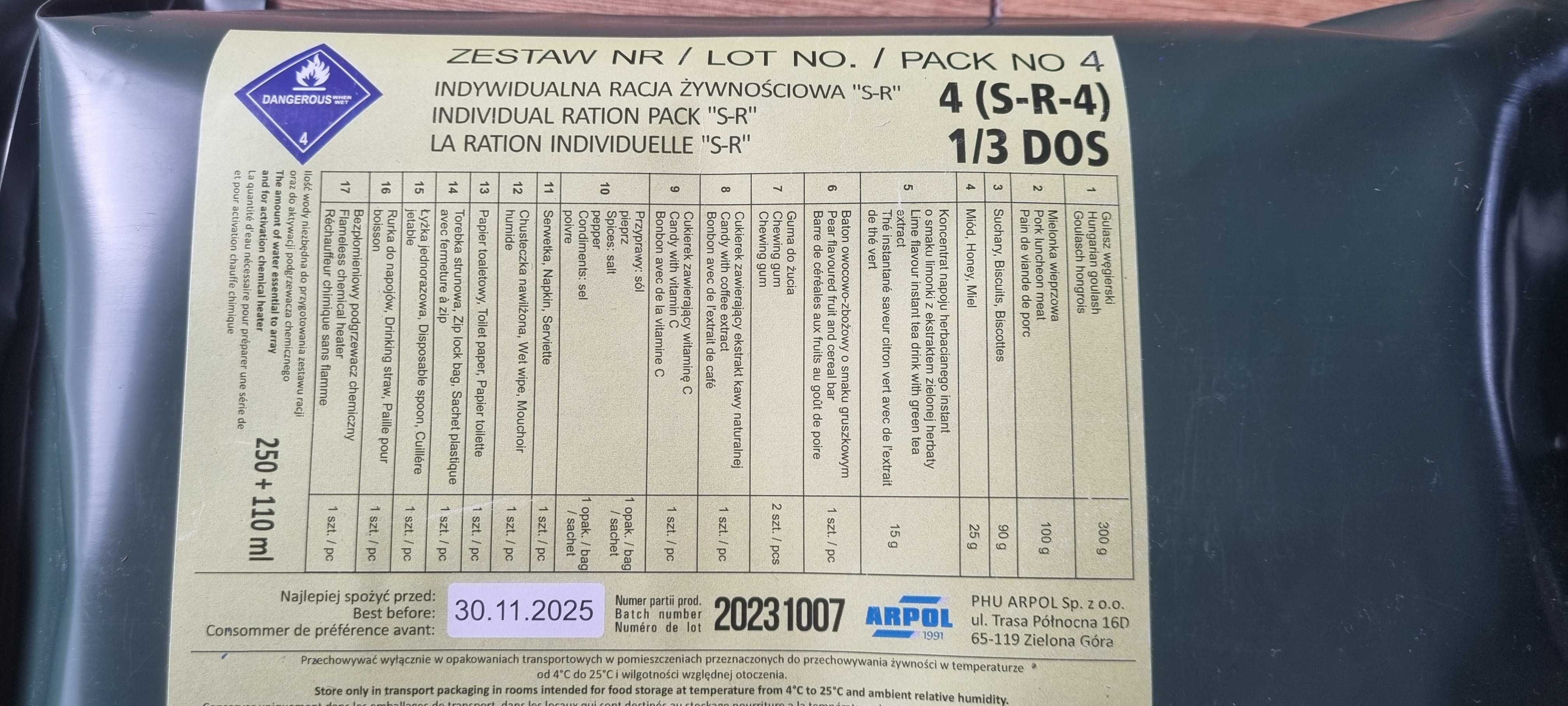 Indywidualna racja żywnościowa S-R 1/3 DOS Nr : 3, 4  . 3sztuki
