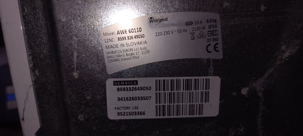 Pralka na części, uszkodzone drzwiczki Whirlpool Awe 60110
