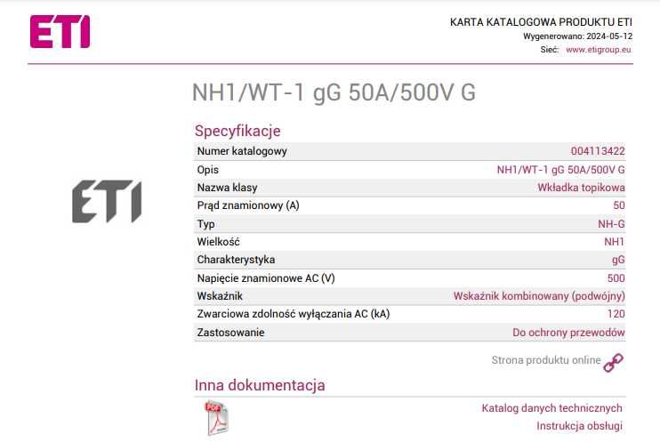 ETI Wkładka topikowa NH1/WT-1 gG 50A/500V G 3 Sztuki.