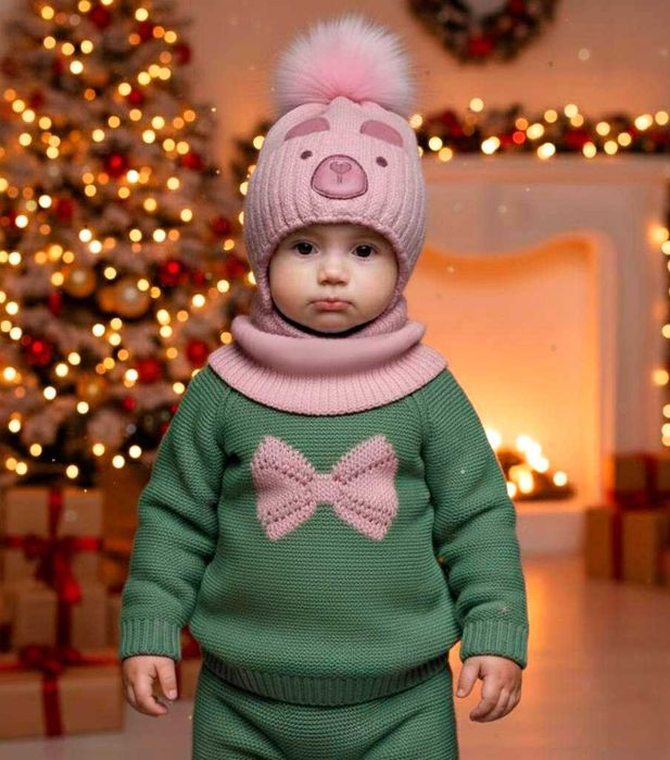 Теплий комплект для дівчинки 1 2 3 роки: зимова дитяча шапка та хомут