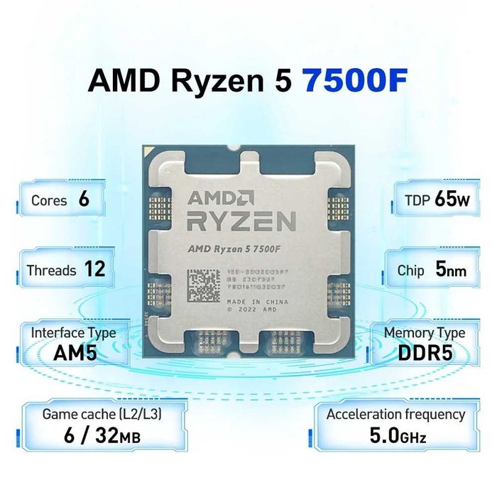 Процессор AMD Ryzen 5 7500F, 6x3.7 ГГц, DDR5, Socket AM5 Tray