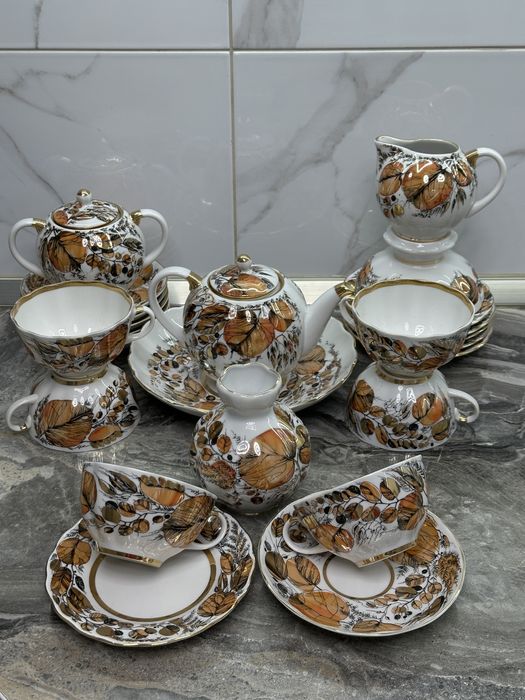 Вінтажний з кістяної порцеляни чайний сервіз Золота осінь ЛПЗ ЛФЗ