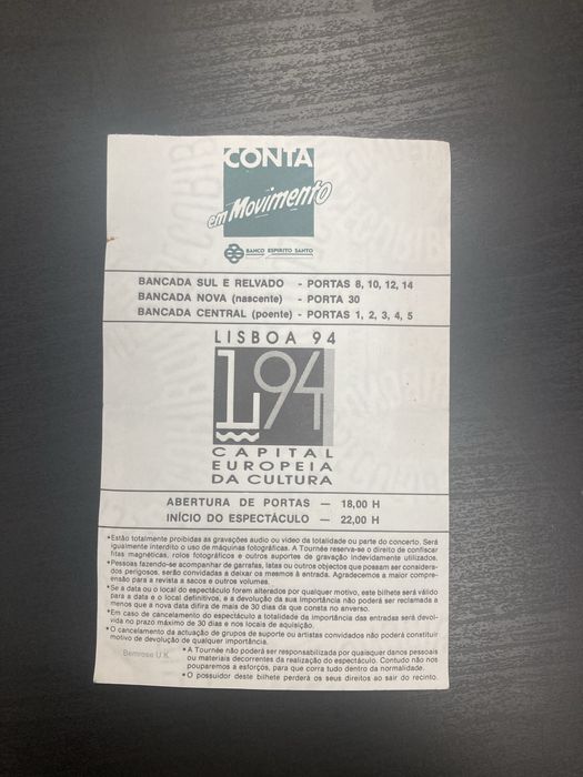 Bilhete Bruce Springsteen 1993 em Alvalade