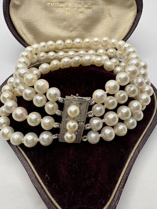 Retro bransoletka 4-rzędowa 19 cm perły akoya srebrne zapięcie