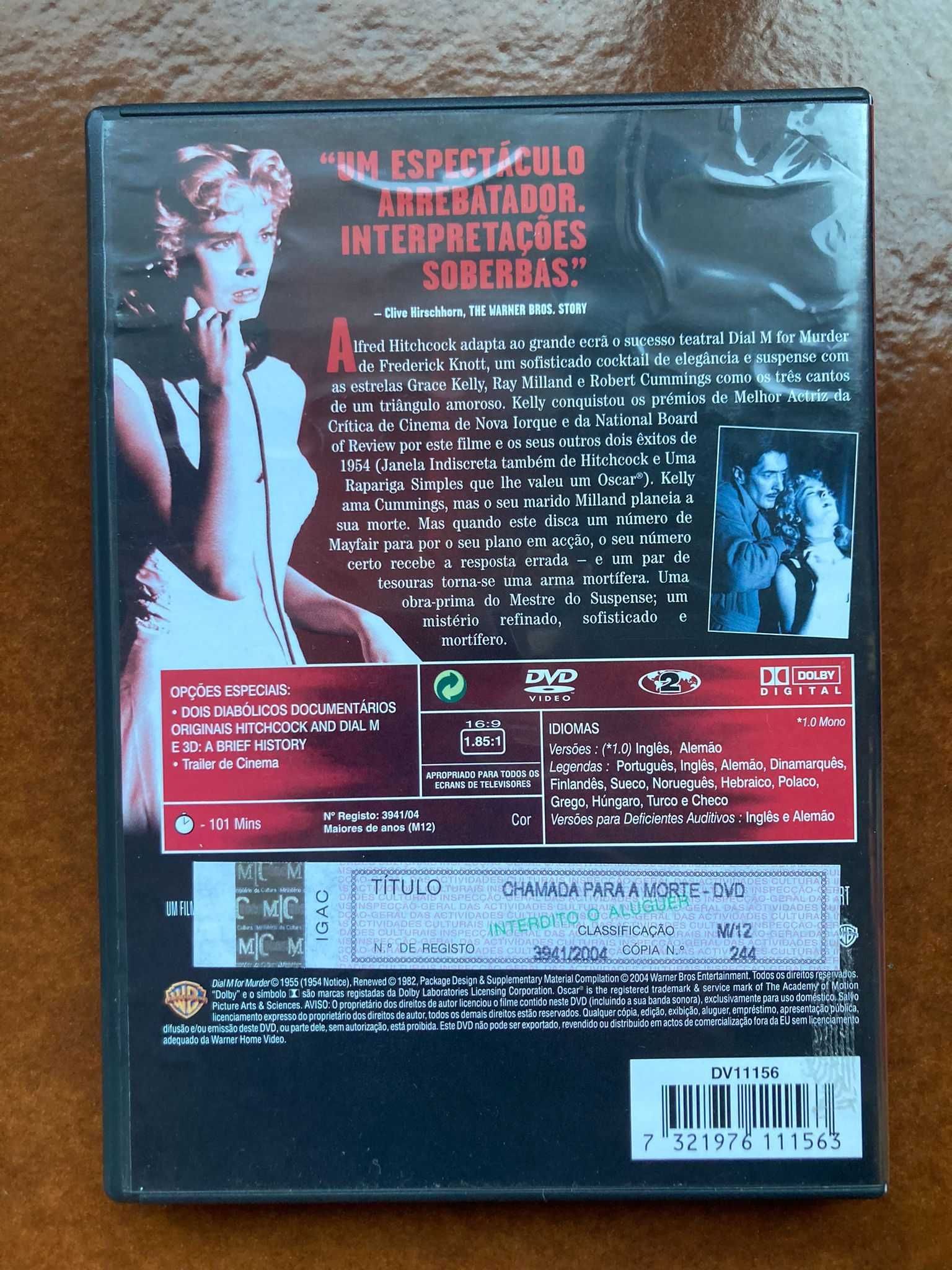 DVD Hitchcock "CHAMADA PARA A MORTE" com Grace Kelly
