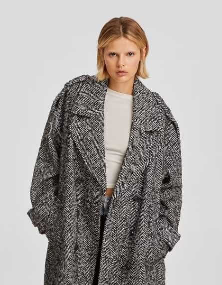 Bershka płaszcz trencz flausz jodełka z wełną oversize gruby duży