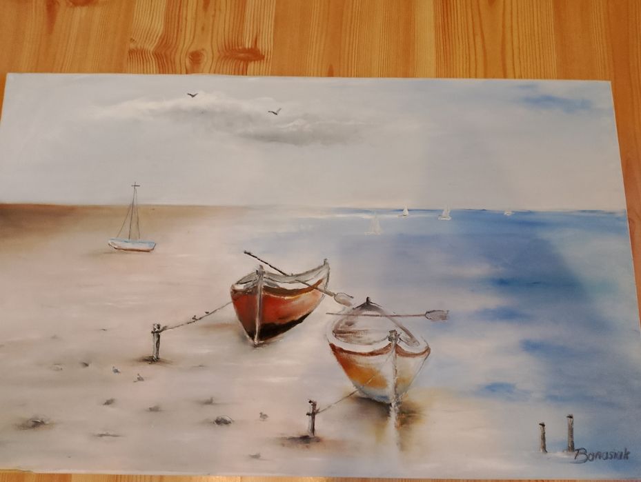 Obraz łódki na plaży 80/50 cm rękodzieło