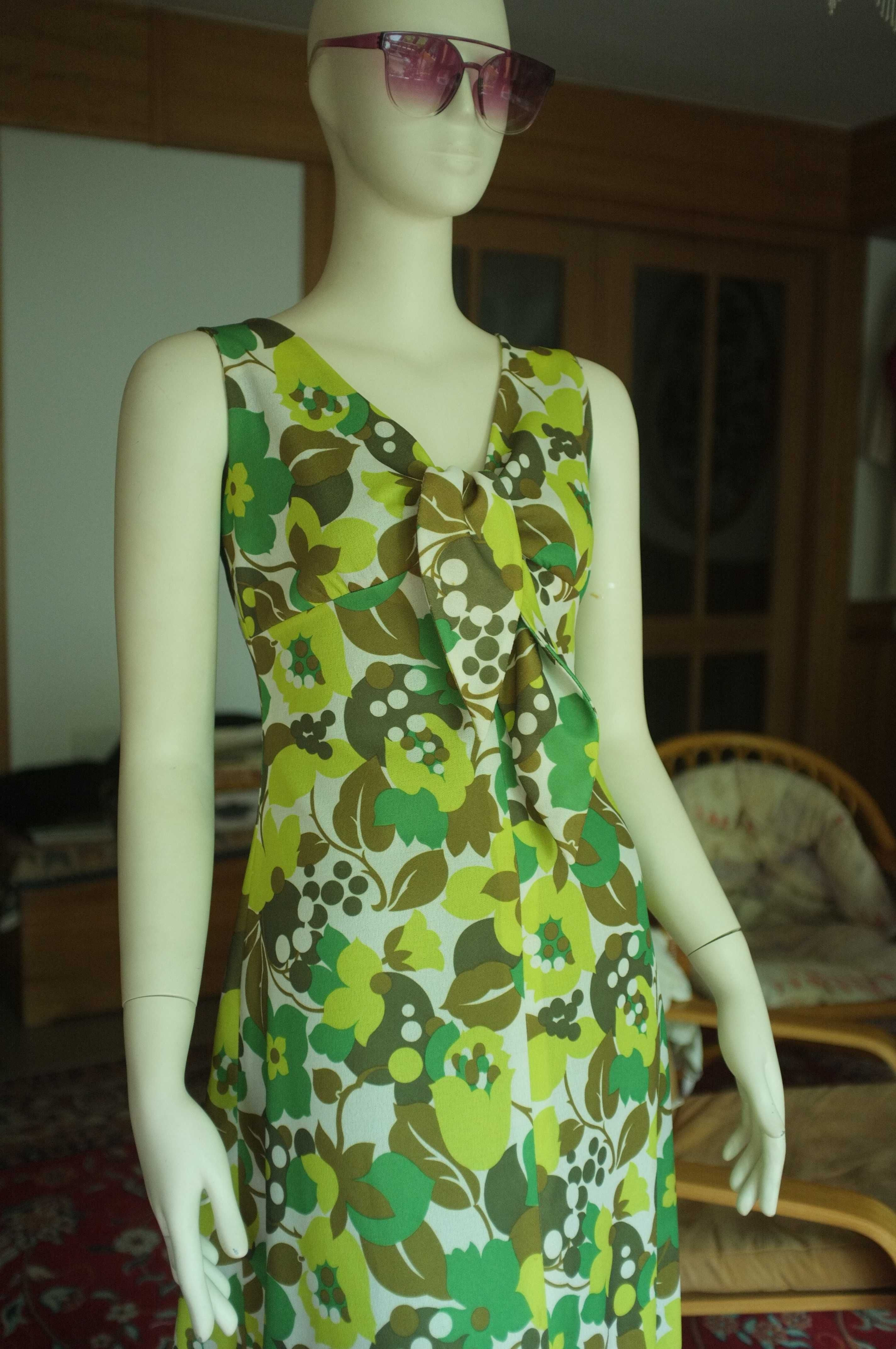 suknia vintage 70-te zabytkowa zielona w kwiaty wiązana hippisowska