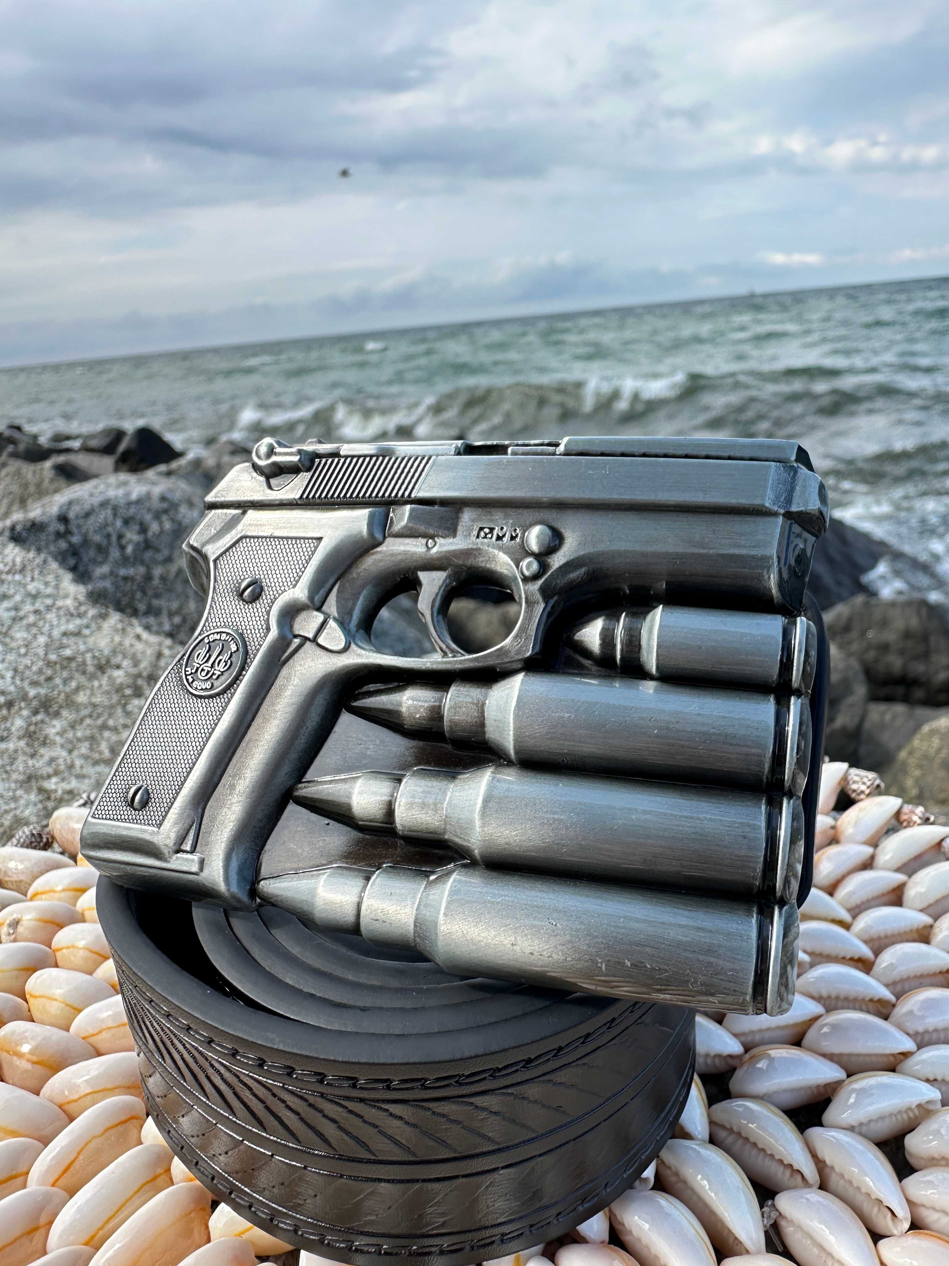Pasek Skórzany Kowbojski Cowboy Pistolet Bullets Klamra Black Czarny