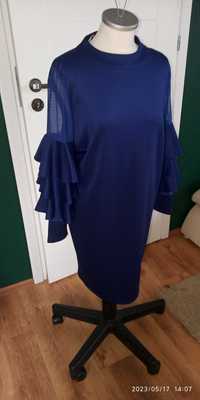 piękna sukienka niebieska z ozdobnymi rękawami r. xl