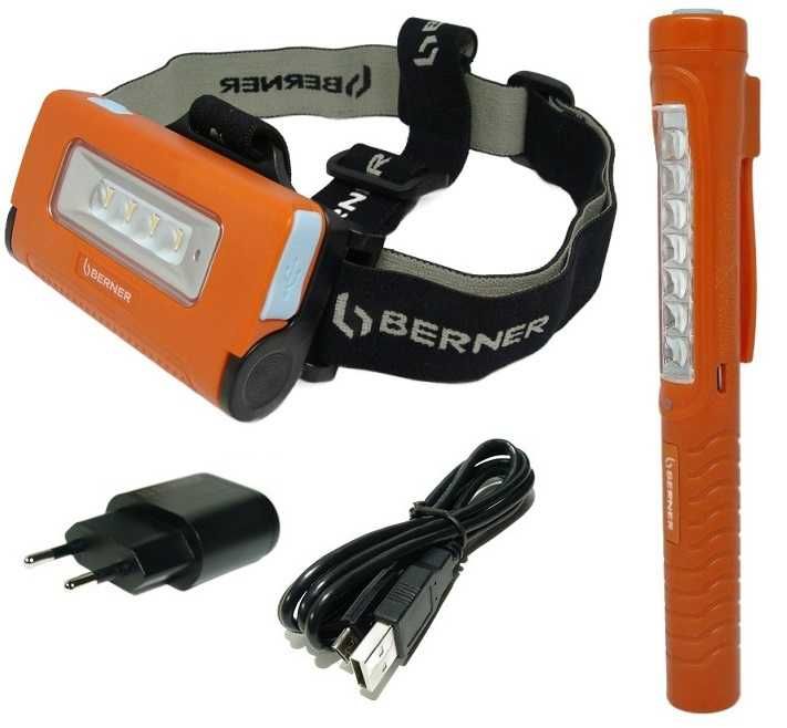 BERNER Lampa czołowa 2w1 + Latarka PENLIGHT LED + Ładowarka USB-C