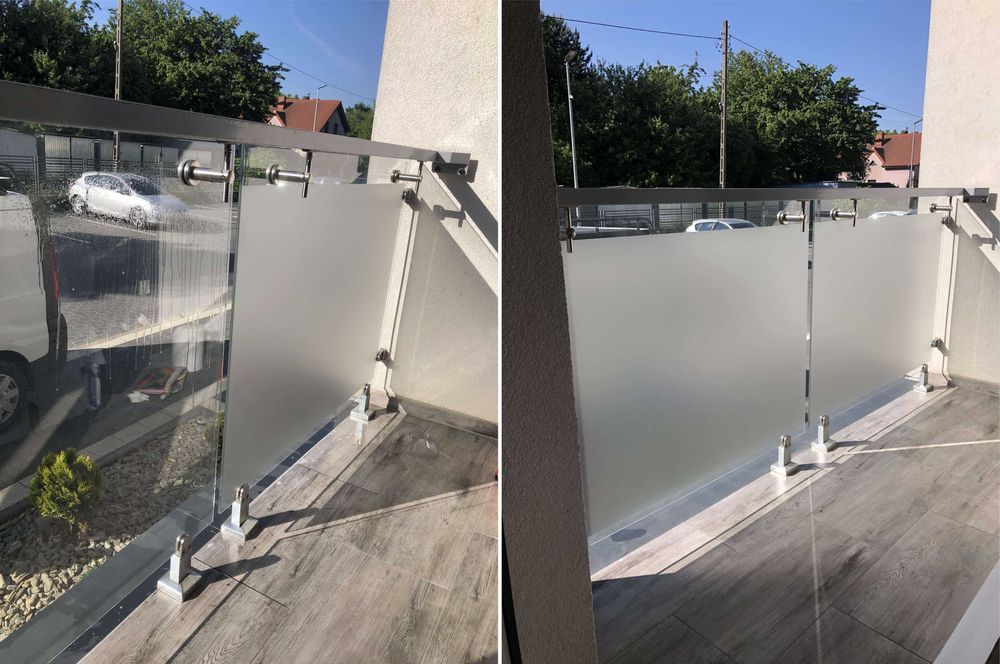 Oklejanie balkonów, szyb, witryn, reklama, folia mrożona, mleczna