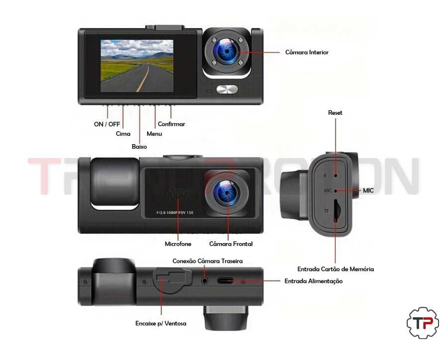 Dash Cam c/ 3 Câmaras (Traseira, Frontal e Interior)