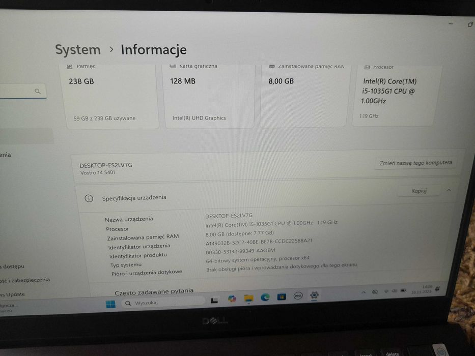 Laptop Dell Vostro 14 5401, Win11 Pro, I5-1035G1, 8GB Ram, 256GBSSD