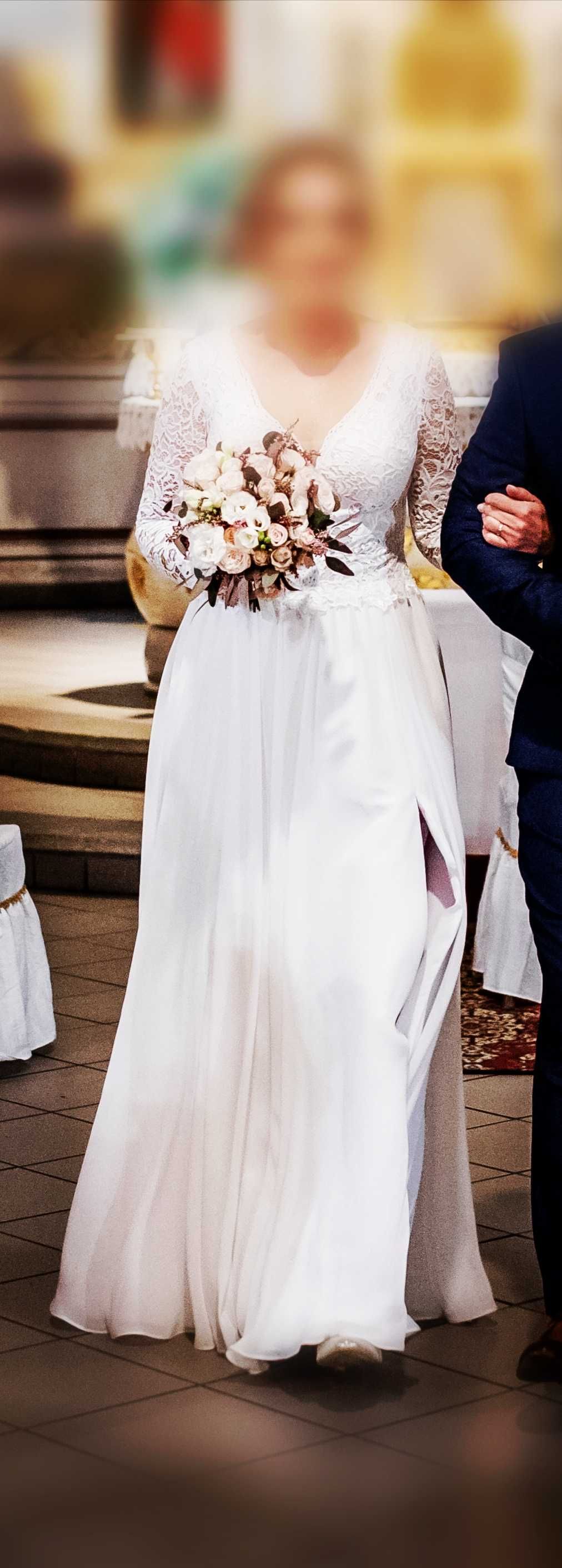 Suknia ślubna biała koronka i muslin rozmiar 38-40