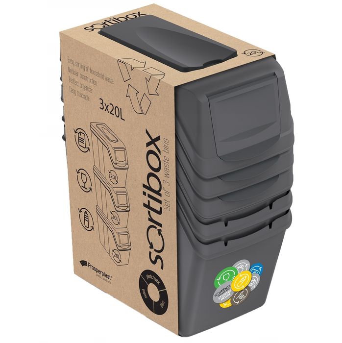 Kosz Na Śmieci 3X20L  Do Segregacji Sortibox Szary Kamienny